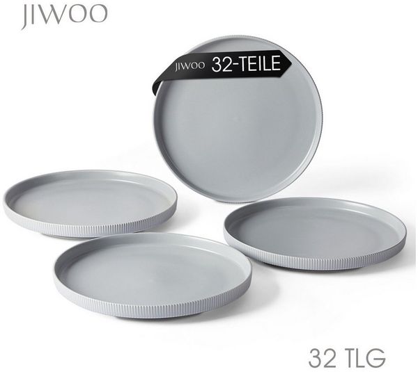 JIWOO Teller 4er Ø21,3cm, Speiseteller Steakteller Dessertteller Brotteller Plate, (32 St), Keramik Hochwertiges Tellerset Grau Mikrowellen spülmaschinenfest