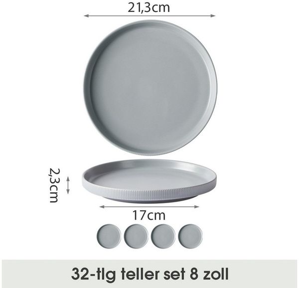 JIWOO Teller 4er Ø21,3cm, Speiseteller Steakteller Dessertteller Brotteller Plate, (32 St), Keramik Hochwertiges Tellerset Grau Mikrowellen spülmaschinenfest Bild 2