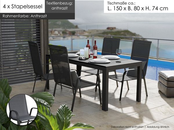 Gartenmöbel Set Sitzgruppe Alu Tisch 5-tlg. Essgruppe 4x Stapelsessel Gartenset anthrazit