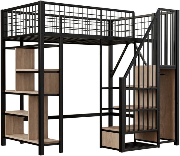 Merax Multifunktionales Hochbett 90 x 200 cm, Erwachsenenbett und Kinderbett, Metallbett mit Stauraum, Ablageflächen und Treppe, Schwarz Bild 7