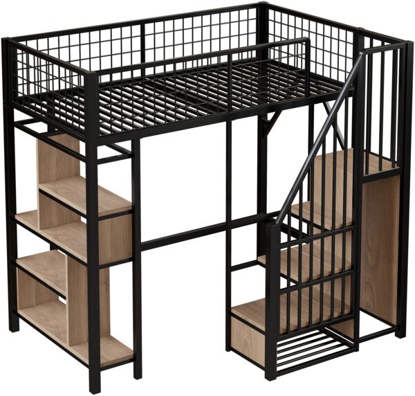 Merax Multifunktionales Hochbett 90 x 200 cm, Erwachsenenbett und Kinderbett, Metallbett mit Stauraum, Ablageflächen und Treppe, Schwarz Bild 9