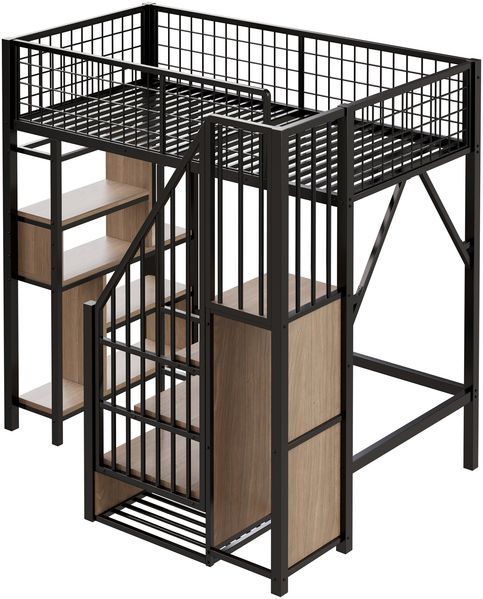 Merax Multifunktionales Hochbett 90 x 200 cm, Erwachsenenbett und Kinderbett, Metallbett mit Stauraum, Ablageflächen und Treppe, Schwarz Bild 6