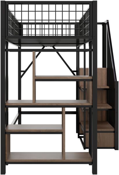 Merax Multifunktionales Hochbett 90 x 200 cm, Erwachsenenbett und Kinderbett, Metallbett mit Stauraum, Ablageflächen und Treppe, Schwarz Bild 8