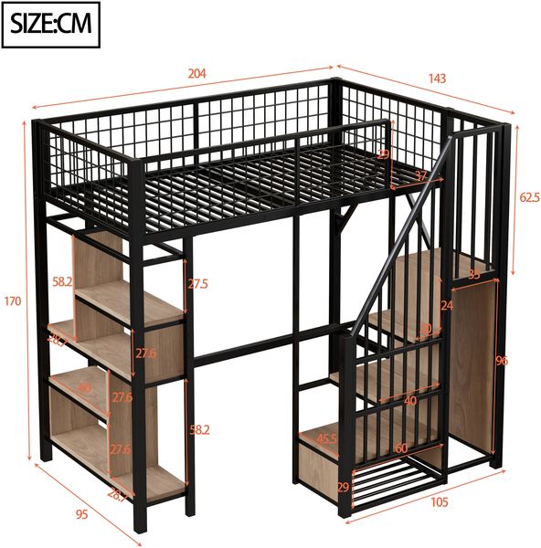 Merax Multifunktionales Hochbett 90 x 200 cm, Erwachsenenbett und Kinderbett, Metallbett mit Stauraum, Ablageflächen und Treppe, Schwarz Bild 4