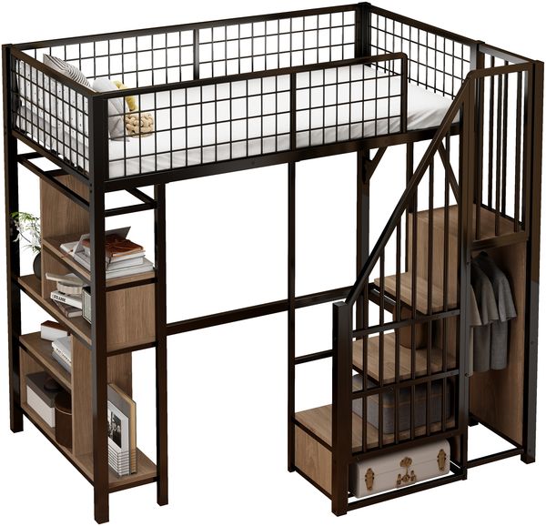 Merax Multifunktionales Hochbett 90 x 200 cm, Erwachsenenbett und Kinderbett, Metallbett mit Stauraum, Ablageflächen und Treppe, Schwarz Bild 10