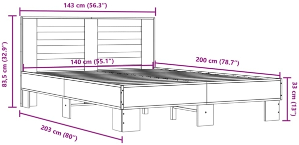 vidaXL Bettgestell Braun Eichen-Optik 140x200 cm Holzwerkstoff Metall 3280106 Bild 8