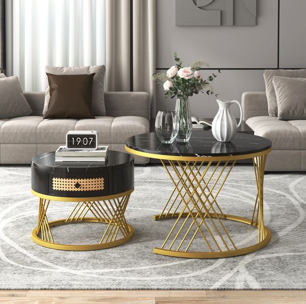 2-in-1 Couchtisch-Set rund mit Marmorplatte & Rattan-Schublade in Schwarz/Gold - 70x70x45,5 + 50x50x38,5 cm
