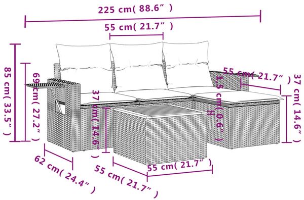 vidaXL 5-tlg. Garten-Sofagarnitur mit Kissen Beige Poly Rattan 3224533 Bild 9