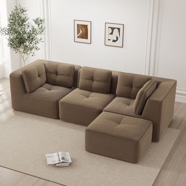 Modulares Ecksofa, Cord, rahmenlos, mit Ottomane & rutschfestem Standfuß, 297 x 177 x 69 cm, Braun