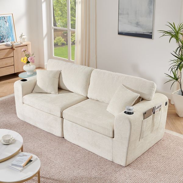 Sofa Zwillinge 220×100×89 cm aus weichem Chenille-Stoff mit Getränkehalter & Seitentasche, beige