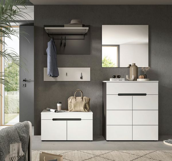 Home affaire Garderoben-Set REHAT, TOPSELLER!, 5-teilig, Breite 175cm, individuell stellbar, (Set, 4-St, bestehend aus: Sitzbank, Paneel, Hakenleiste, Spiegel, Kommode), Garderobenkombination, Kombination, Set, Flurgarderobe, Diele