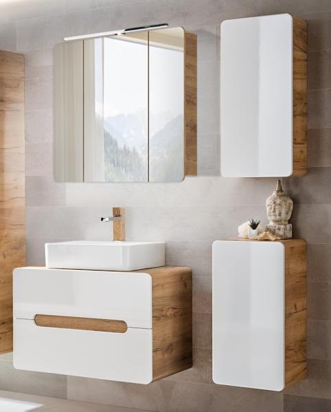 Badezimmer Möbelset mit Keramik Waschtisch LUTON-56 in Hochglanz weiß mit Wotan Eiche Nb, B/H/T ca. 130/200/46 cm