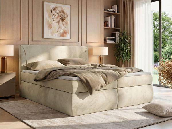 Boxspringbett mit Bettkasten TARENZA, Boxspringbett 160 x 200 cm mit Bonell-Matratze H4, Bett mit Topper T25, komfortables Boxspringbett, gepolstertes Kopfteil - Beige Velvet