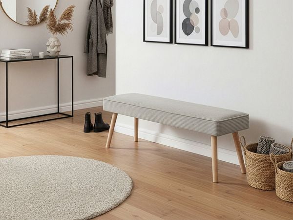 B&D home Sitzbank EMIL | Kord Stoff 140cm gepolstert Holzbank für Esszimmer, Flur, Garderobe Massivholzbeinen | skandinavisch modern, Grau