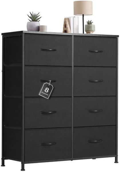 Sweetcrispy Kommode mit Stoff-Schubladen, Sideboard mit 8 Stoff-Schubladen, Schubladenschrank, Organisationsmöbel für Küche, Büro, Flur, TV-Schrank mit Schubladen,Schwarz
