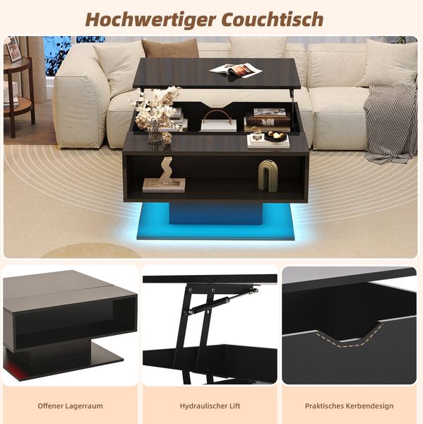 Couchtisch 80 x 75 x 40 cm mit Liftfunktion und Stauraum – Hochglanz Wohnzimmertisch in Schwarz Bild 7