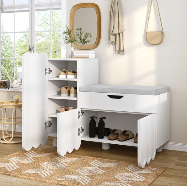 Schuhschrank mit Sitzpolster 90 x 35 x 74,5 cm, aus MDF, 3 Türen und Schublade in Weiß