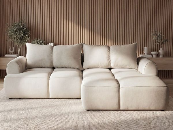 GRAINGOLD Ecksofa Boono, Sofa L-Form mit Schlaffunktion, Eckcouch für Wohnzimmer, Velour-Stoff, Beige, Rechts