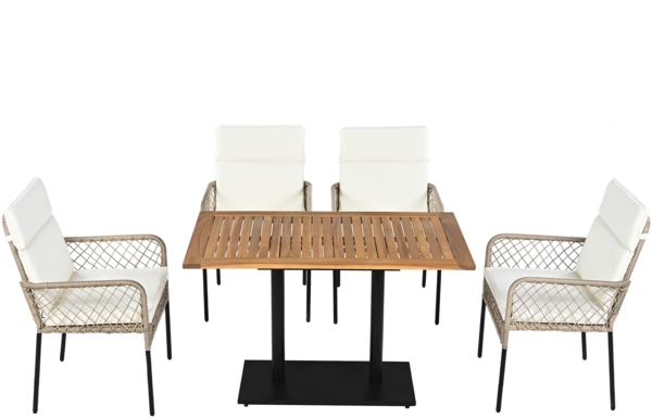 Merax Gartenlounge-Set, 4-Sitzer, Polyrattan mit Akazienholz Tischplatte, weiß, 120 x 70 x 75 cm