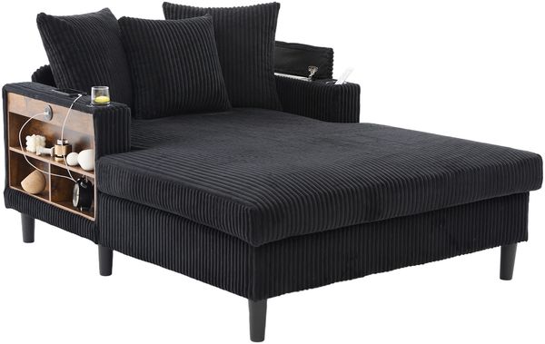LVHOM Schlafsofa mit LED & USB, Chaiselongue mit Becherhalter & Stauraum, großes Einzelsofa bis 300kg belastbar, inkl. 3 Kissen, 129x170cm, Schwarz Bild 2