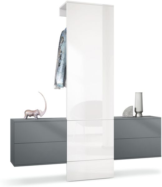 Garderobe Carlton Set 3, Wandgarderobe aus Flur-Paneel & 2 Schubladen-Kommoden, Anthrazit matt / Weiß Hochglanz (157 x 193 x 35 cm)