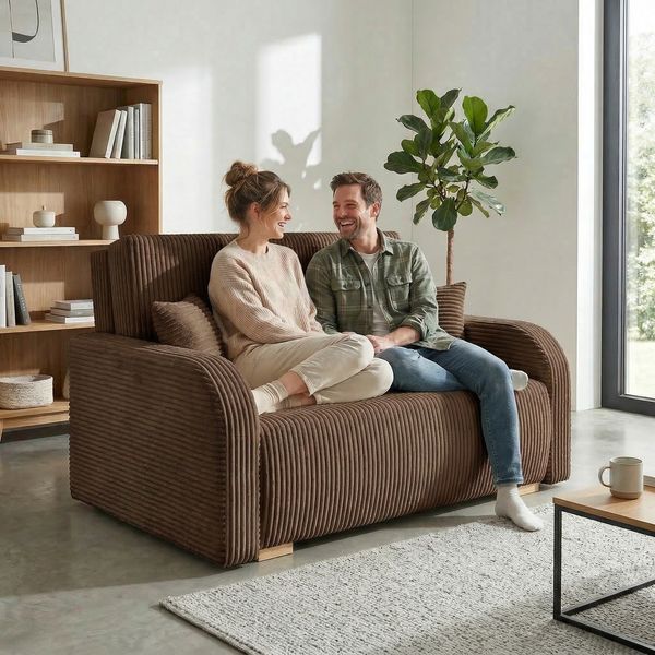 Wohnero24 Lirena 2 Schlafsofa 136x95 cm mit Bettfunktion 113x195 cm – 2-Sitzer Cord Sofa ausziehbar mit Bettkasten, kleines Schlafsofa für Wohnzimmer - Braun