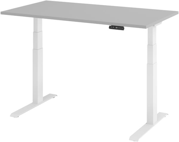 bümö elektrisch höhenverstellbarer Schreibtisch 140x80 cm in grau, Gestell weiß mit Memory-Steuerung, elektrischer Bürotisch höhenverstellbar Gaming Tisch, XDKB14-5-W