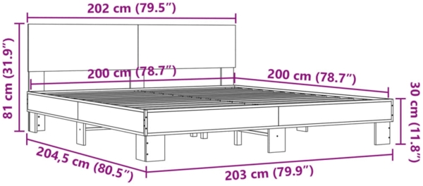 vidaXL Bettgestell Braun Eichen-Optik 200x200 cm Holzwerkstoff Metall 3280176 Bild 8