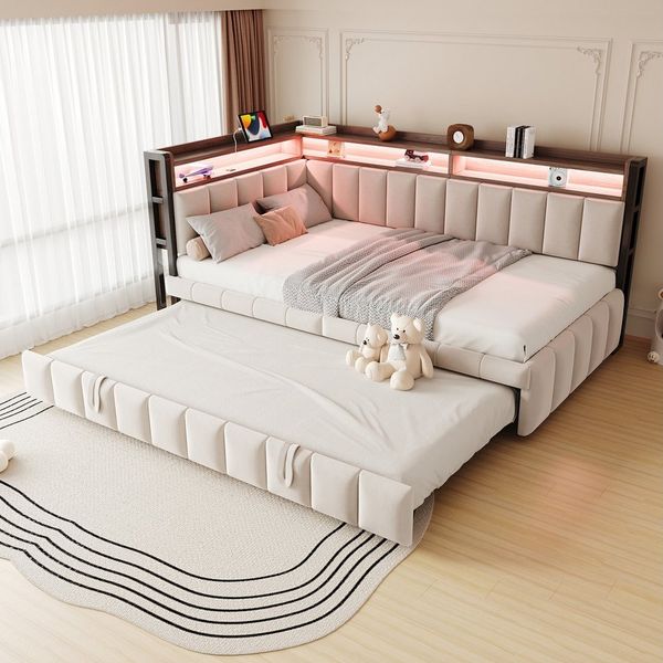 Flieks Daybett, LED Polsterbett Schlafsofa 90x200cm mit Aufladen, Ausziehbett 90x190cm