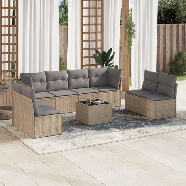 vidaXL 9-tlg. Garten-Sofagarnitur mit Kissen Beige Poly Rattan 3249298