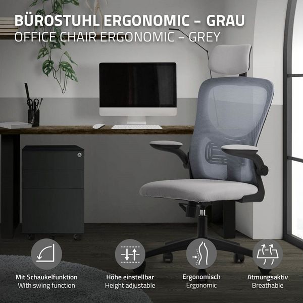 ML-DESIGN Bürostuhl Schreibtischstuhl ergonomisch mit verstellbarer Kopfstütze, Armlehnen, Drehstuhl mit Rollen Grau Computerstuhl Chefsessel Gaming-Stuhl