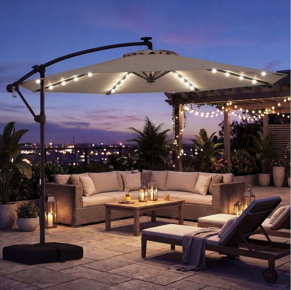 COSTWAY Sonnenschirm, mit Ständer und LED, 300 cm Ampelschirm 360° drehbar