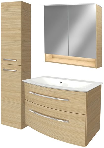 FACKELMANN B.STYLE Badmöbel Set 4-teilig 83 cm breit, Braun, Waschbecken Gussmarmor Weiß + LED-Spiegelschrank + Hochschrank Türanschlag links