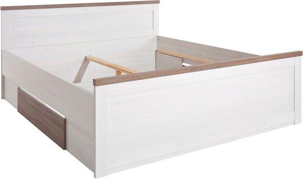LUCA Stilvolles Doppelbett 180x200 cm mit 2x Bettkästen - Komfortables Landhausstil Schlafzimmer-Bett in Pinie Weiß / Trüffel - 186 x 91 x 205 cm (B/H/T)