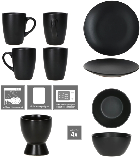 Nero 16tlg Frühstücksset matt schwarz Steingut Teller Becher Schalen Eierbecher Bild 4