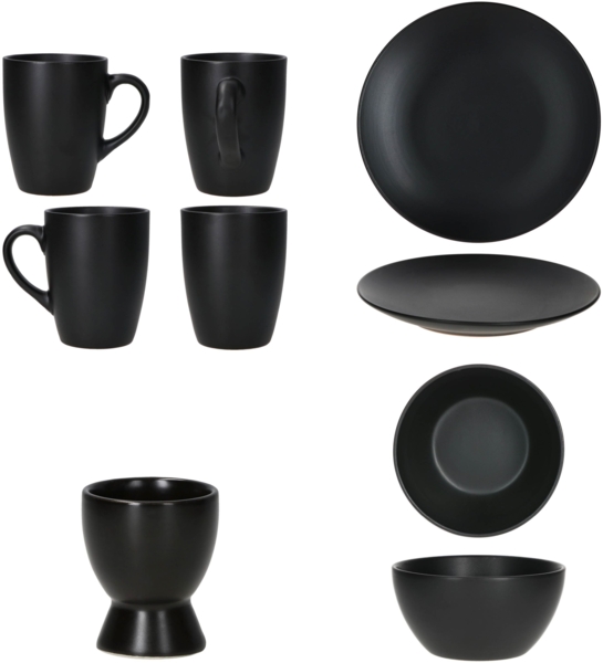 Nero 16tlg Frühstücksset matt schwarz Steingut Teller Becher Schalen Eierbecher Bild 5
