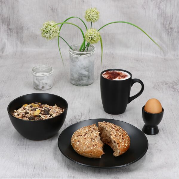 Nero 16tlg Frühstücksset matt schwarz Steingut Teller Becher Schalen Eierbecher Bild 3