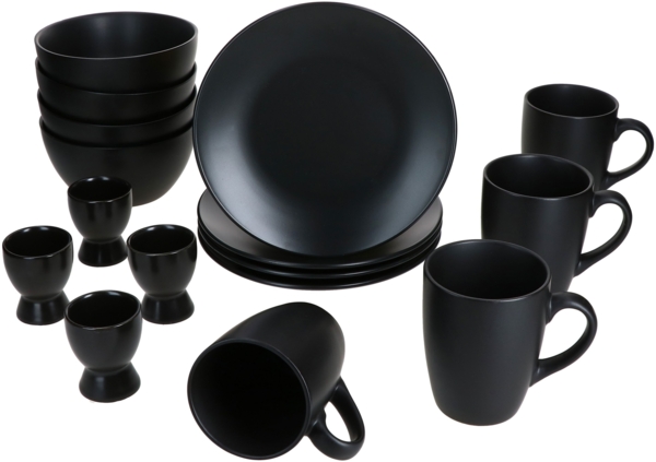 Nero 16tlg Frühstücksset matt schwarz Steingut Teller Becher Schalen Eierbecher Bild 2