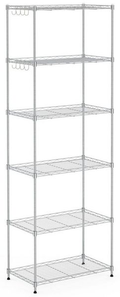 Mondeer Metallregal, 6-Stufiges Küchenregal, mit 8-Haken, Höhenverstellbar, Geeignet für Küche Badezimmer Wohnzimmer Balkon, Silber