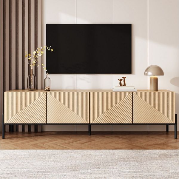 BlingBin Lowboard TV-Schrank Fernsehschrank TV-Ständer (1 St, 2 Türen, 2 Schubladen, 2 offene Fächer, Kabeldurchlass, Metallfüßen), 160 L x 35 B x 42,5H(cm), Natur