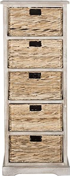 SAFAVIEH Contemporary Wooden Storage Tower with 5 Baskets, in Vintage White, 35 X 45 X 115