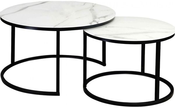 2er-Set Couchtisch Atlanta C Wohnzimmertisch 80x80cm 60x60cm Marmor weiß schwarz