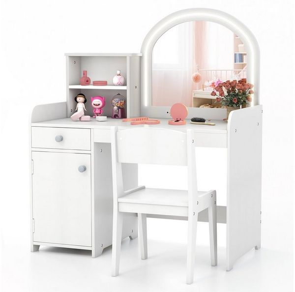 COSTWAY Schminktisch Kinder, mit Stuhl & LED Spiegel & Schublade, ab 3 Jahre