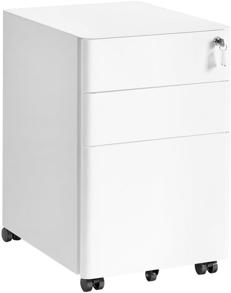 SONGMICS Schubladenschrank, Rollcontainer mit 3 Schubladen, abschließbarer Aktenschrank, vormontiert, Metallschrank, Druckertisch, Büro, Homeoffice, 50 x 39 x 59 cm, mattweiß OFC032WG01