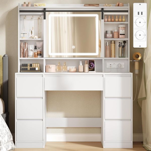 Schminktisch mit Abnehmbarer Spiegel, Schminktisch, 7 Schubladen, Offene Regale, für Schlafzimmer 40 × 108 × 148,6 cm, Weiß