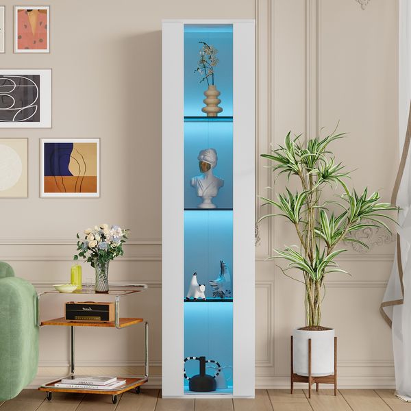 Flieks LED Vitrinenschrank 40×29×170 cm, Glasvitrine Weiß, Sammlungsvitrine mit App-Steuerung, 4 Ebenen, modernes Standregal mit Farbwechsellicht