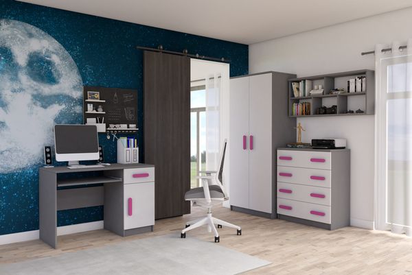 Jugendzimmer Elora 4 teilig in Grau und Weiß – mit Schreibtisch, Kommode, Wandregal und Schrank – in 8 verschiedenen Grifffarben wählbar - 4 teilig , Rosa