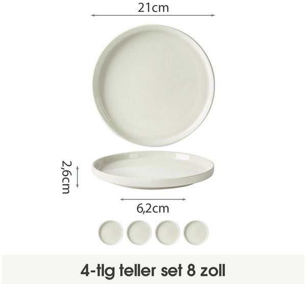 JIWOO Teller 4er Ø21cm,Frühstücksteller Steakteller Pastateller Brotteller Plate, (4 St), Keramik Hochwertiges Tellerset Weiß Mikrowellen spülmaschinenfest