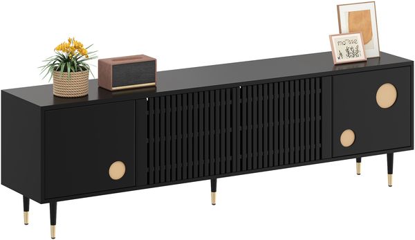 TV-Schrank, TV-Möbel mit Gitterstruktur, versteckten Griffen, Golddekor. Wohnzimmermöbel. Zwei Türen aus Massivholz