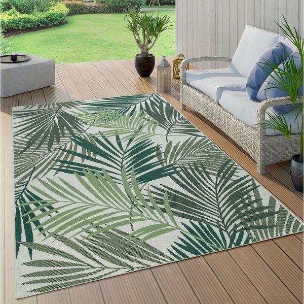 Paco Home Teppich Ostende 534, rechteckig, Höhe: 4 mm, Flachgewebe, Motiv Palmenblätter, In- und Outdoor geeignet, Wohnzimmer